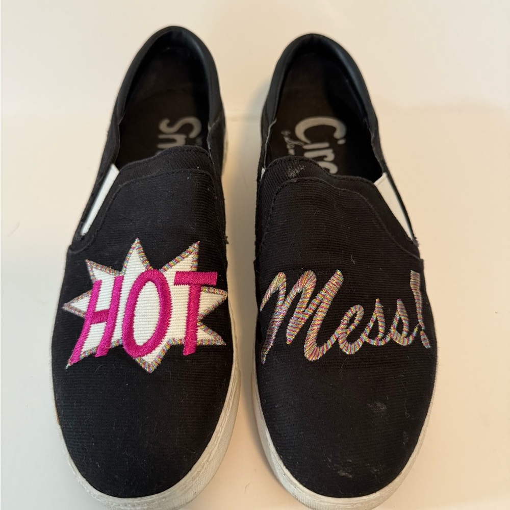 Black Slip-On Shoes with Fun Embroidery